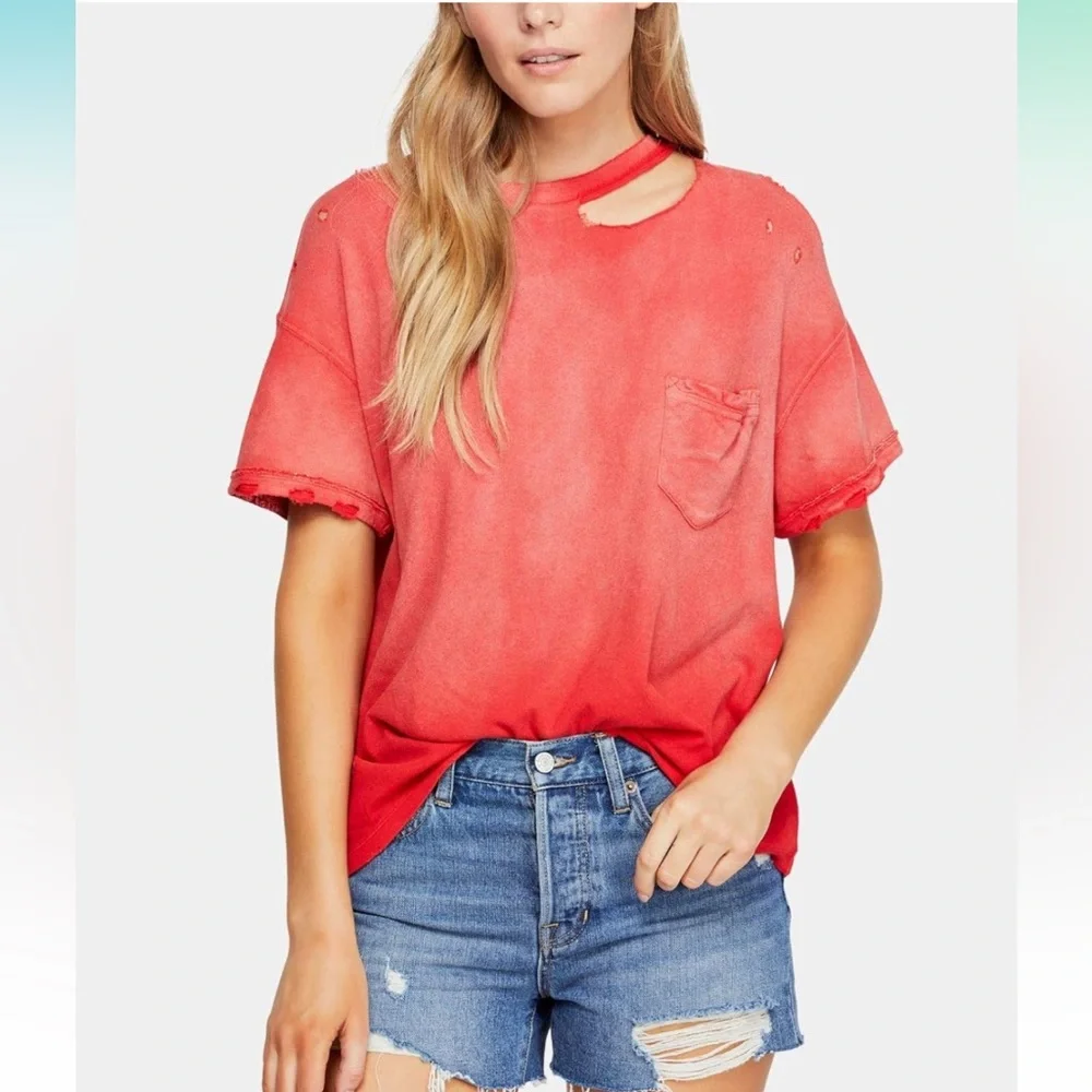 Free People Lucky Distressed Ombre Oversized Top Red‎ 100% Cotton